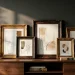 Beautifully restored vintage gold picture frames leaning against a dark wall on a wooden console table.