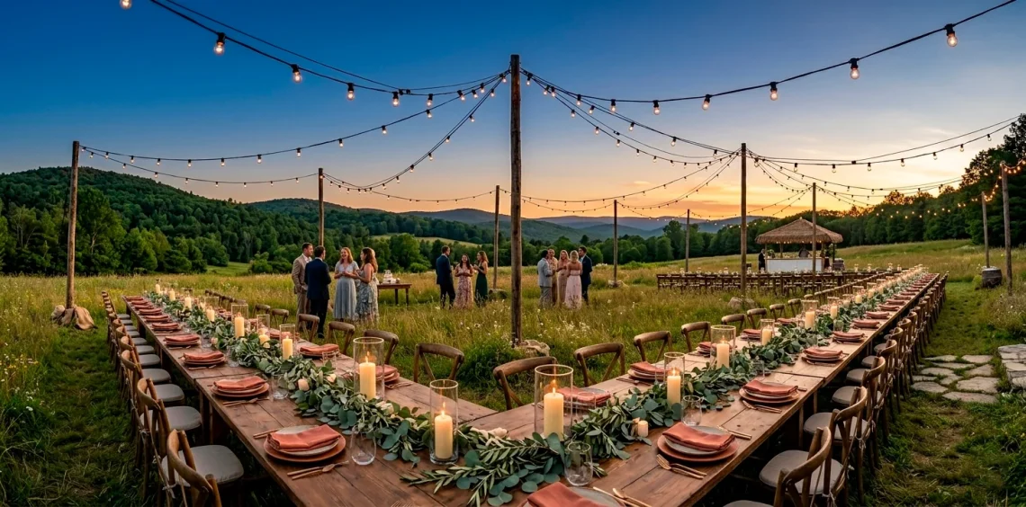Sophisticated outdoor wedding reception at sunset with a harmonious terracotta and green color scheme.