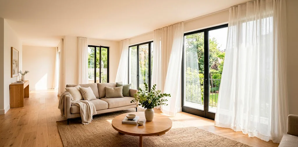 Bright and airy living room decorated with sheer linen curtains for spring.