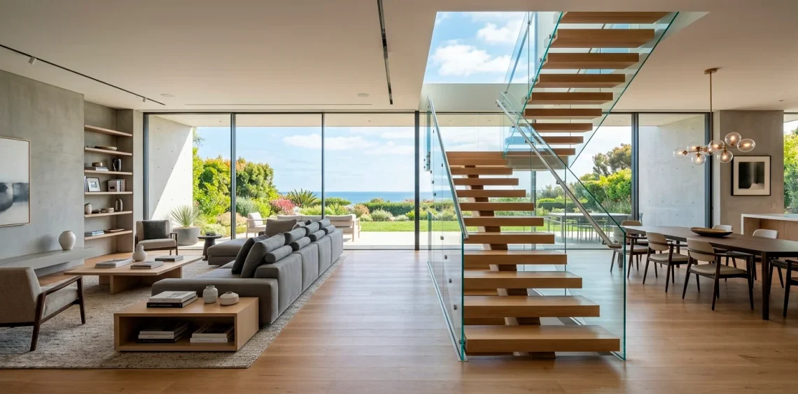 Wide view of a modern open-plan living room featuring a minimalist floating glass staircase and white oak floors.