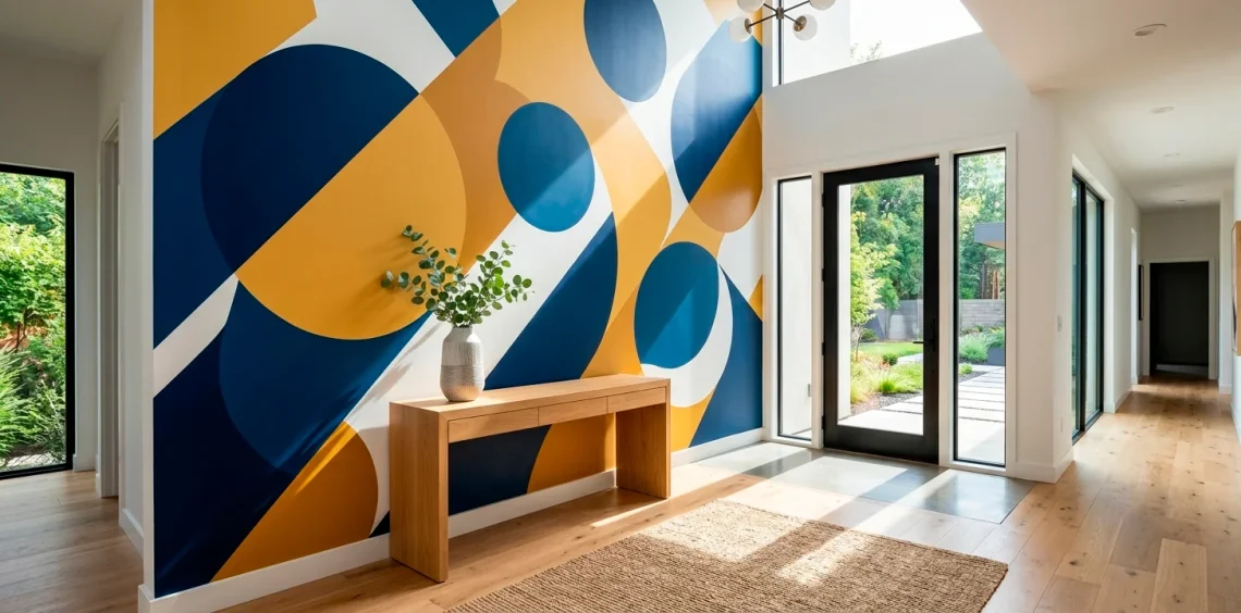 Modern entryway featuring a bold geometric wall mural in navy, mustard, and white