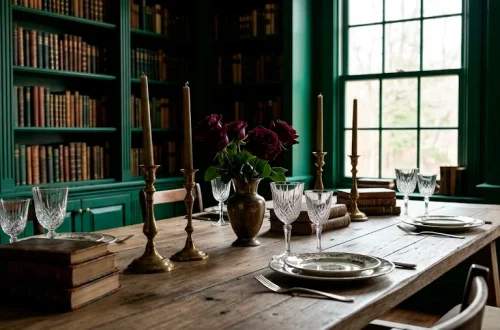 Wide banner of a moody dark academia dining room decorated with antique books and brass candlesticks for Mother's Day.