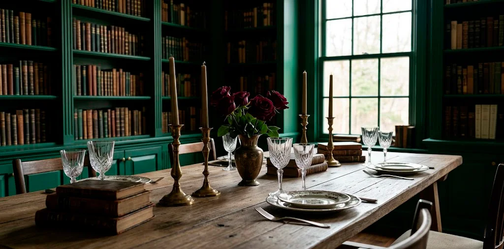Wide banner of a moody dark academia dining room decorated with antique books and brass candlesticks for Mother's Day.