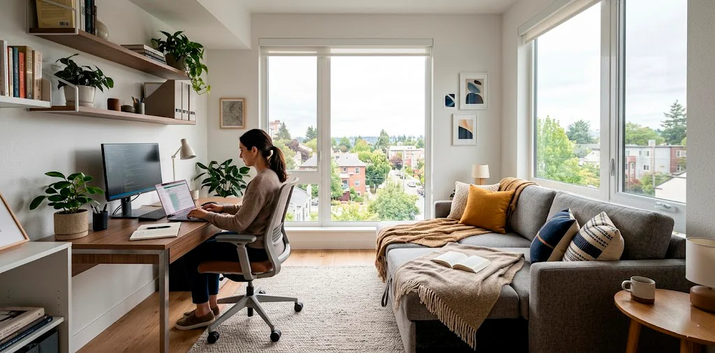 Modern tiny apartment featuring a combined home office and cozy guest room setup with a sleeper sofa