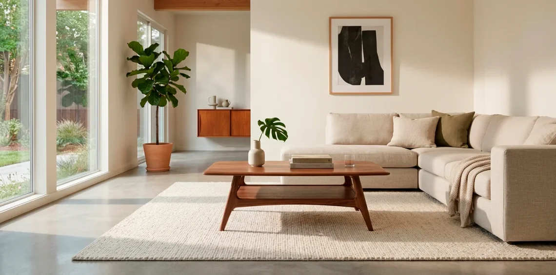 Minimalist living room featuring a sleek mid-century modern coffee table with wooden tapered legs on a cream rug.