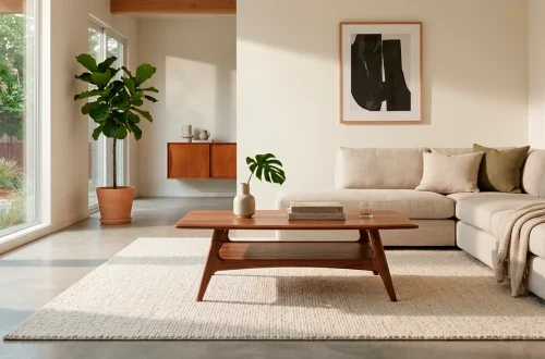 Minimalist living room featuring a sleek mid-century modern coffee table with wooden tapered legs on a cream rug.