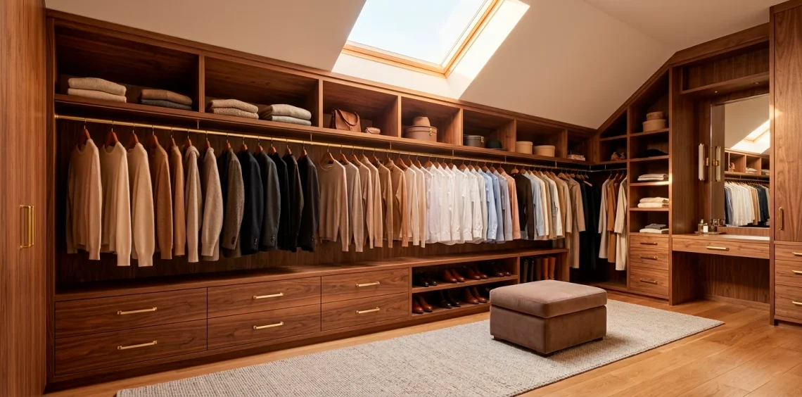 Luxurious attic wardrobe featuring rich wood cabinetry and brass hardware under slanted ceilings