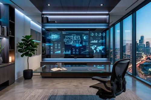 Futuristic home office interior with a large smart mirror display above a floating desk and ambient LED lighting.