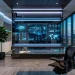 Futuristic home office interior with a large smart mirror display above a floating desk and ambient LED lighting.
