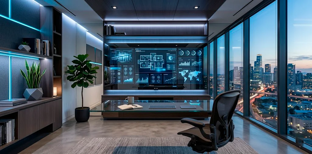 Futuristic home office interior with a large smart mirror display above a floating desk and ambient LED lighting.