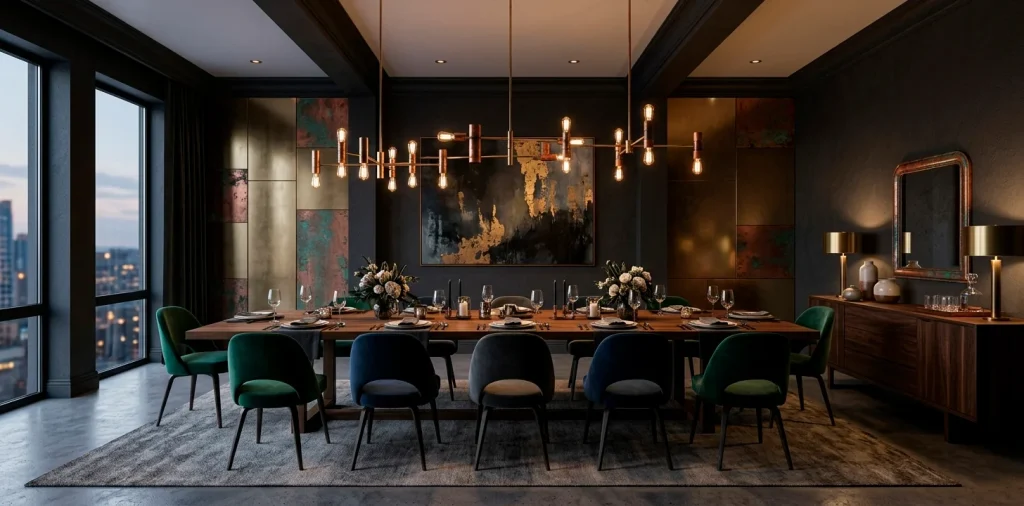 Wide view of a moody dining room featuring dark charcoal walls and luxe metallic accents.