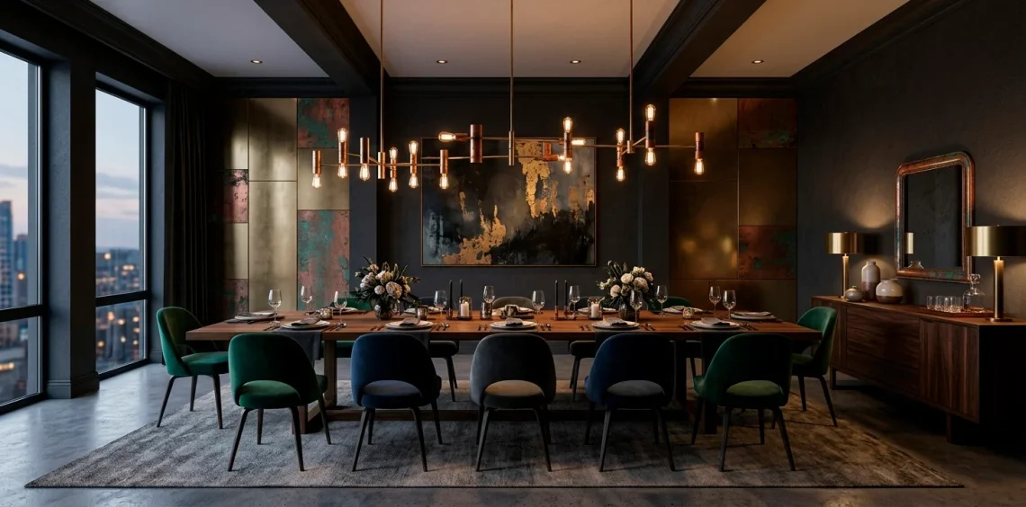 Wide view of a moody dining room featuring dark charcoal walls and luxe metallic accents.