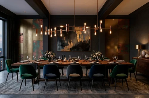 Wide view of a moody dining room featuring dark charcoal walls and luxe metallic accents.