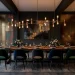 Wide view of a moody dining room featuring dark charcoal walls and luxe metallic accents.
