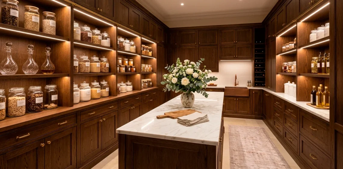 Luxurious walk-in pantry with dark oak cabinetry, brass hardware, marble island, and flawlessly organized glass storage jars.