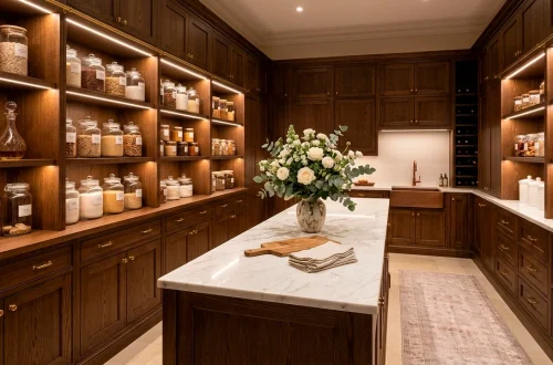 Luxurious walk-in pantry with dark oak cabinetry, brass hardware, marble island, and flawlessly organized glass storage jars.