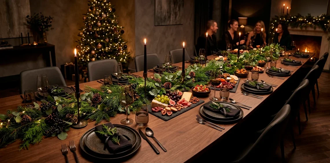 A modern holiday dining table featuring matte black accents, dark stoneware, and elegant greenery under warm lighting.
