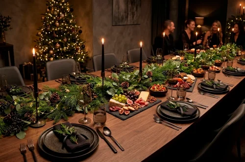 A modern holiday dining table featuring matte black accents, dark stoneware, and elegant greenery under warm lighting.