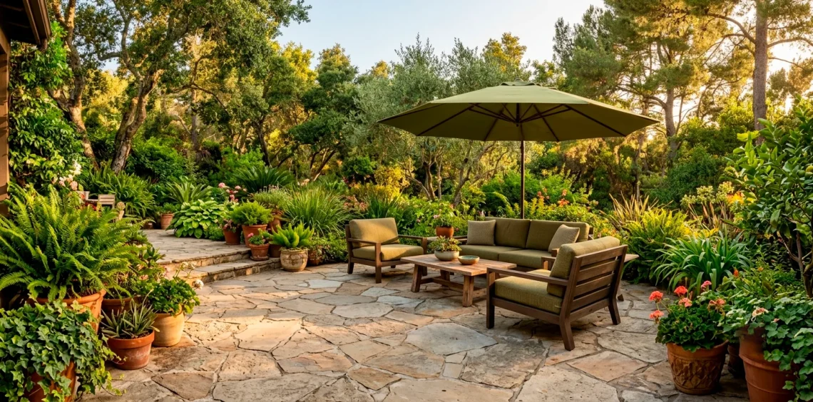 Sun-drenched patio featuring outdoor furniture with olive green cushions and a matching shade umbrella.