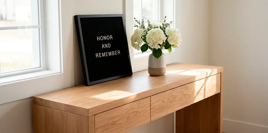 Modern oak entryway console table featuring a black felt letter board displaying a patriotic Memorial Day quote next to fresh hydrangeas.
