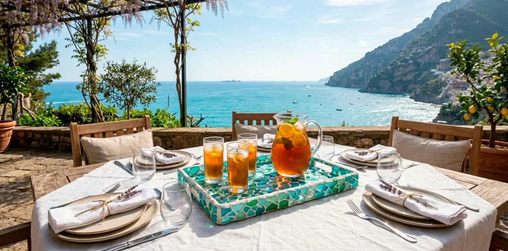 Beautifully set outdoor summer table featuring a sea glass mosaic tray centerpiece