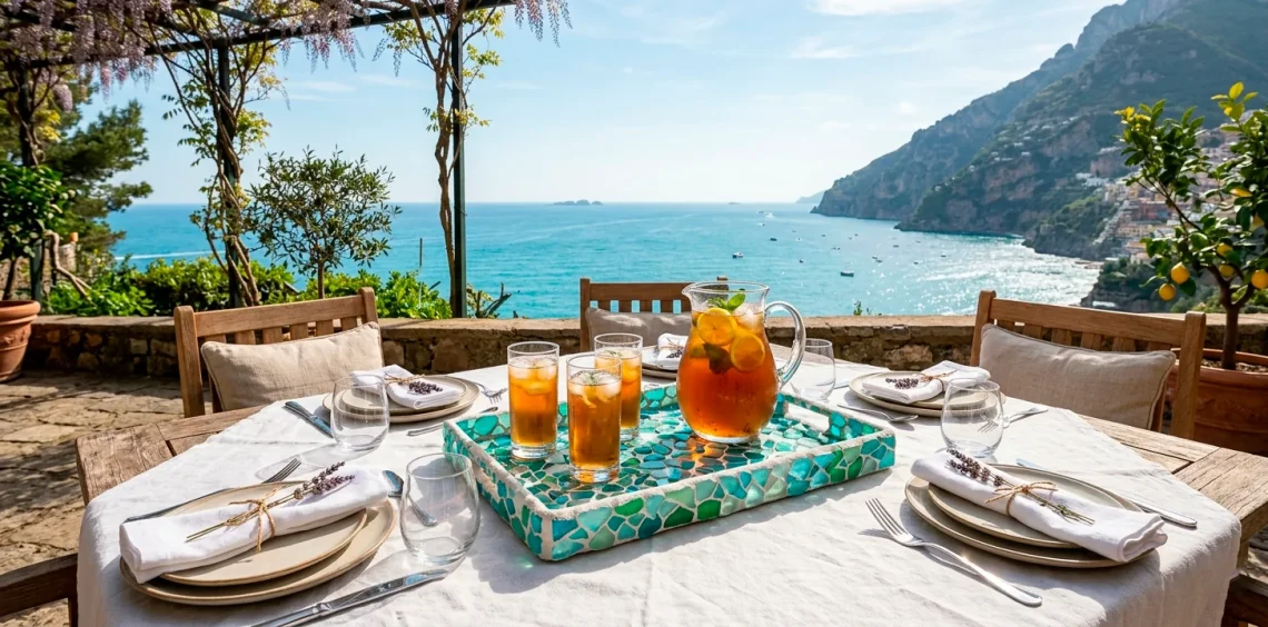 Beautifully set outdoor summer table featuring a sea glass mosaic tray centerpiece
