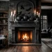 Sophisticated black and white Halloween fireplace mantel decorated with modern monochromatic decor