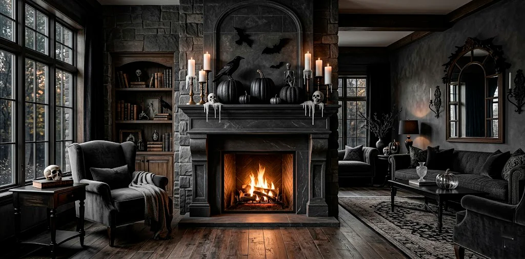 Sophisticated black and white Halloween fireplace mantel decorated with modern monochromatic decor