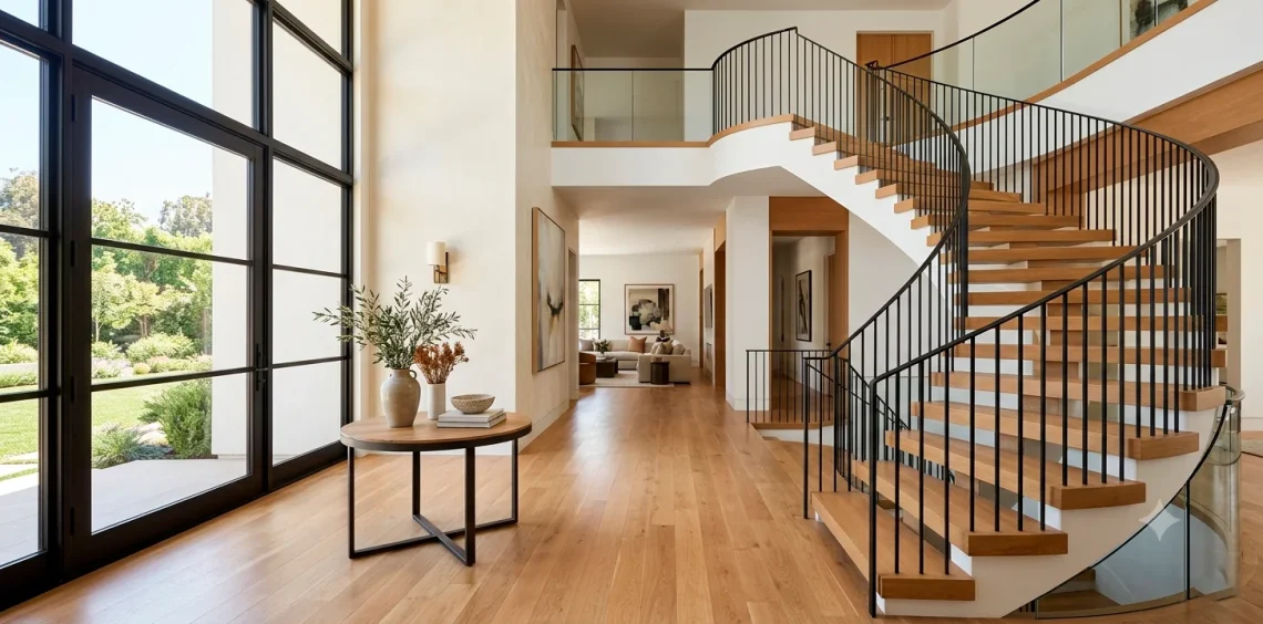 Beautiful modern foyer with oak staircase and sleek wrought iron railing blending seamlessly into a bright entryway.