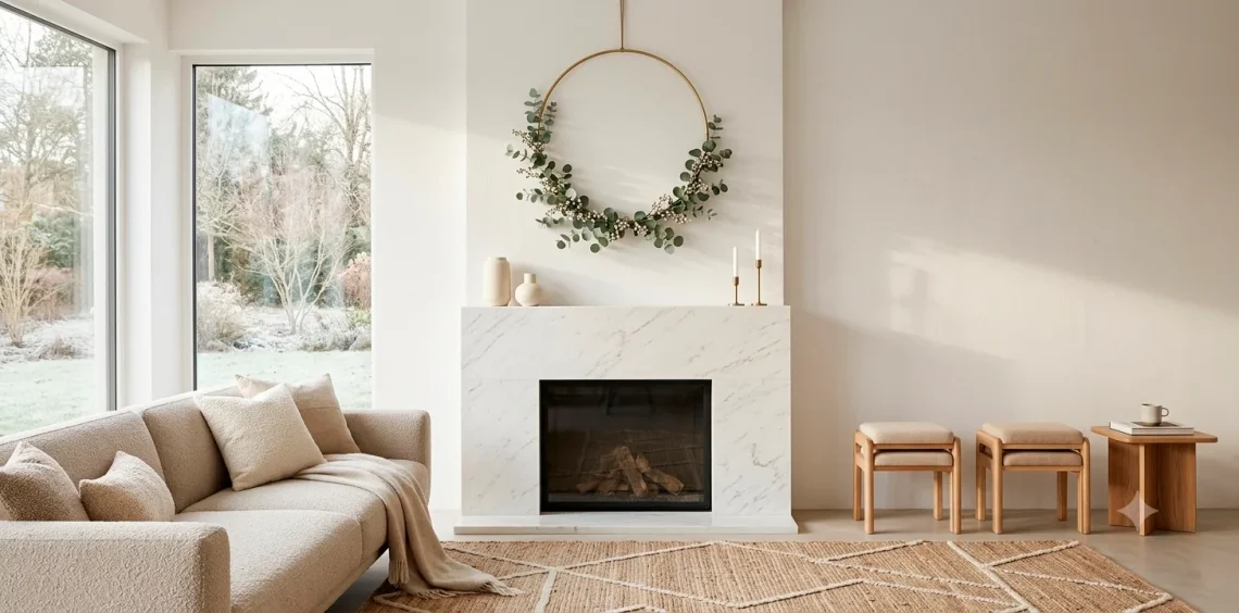 Minimalist brass hoop Christmas wreath hanging above a sleek marble fireplace in a modern living room.