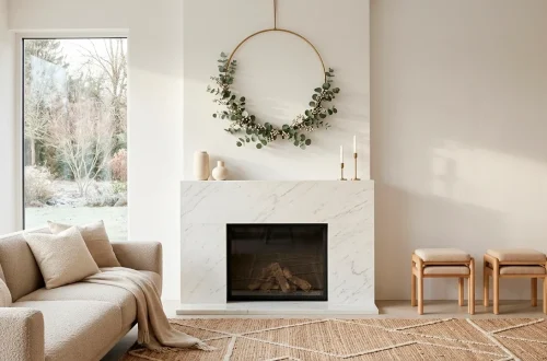 Minimalist brass hoop Christmas wreath hanging above a sleek marble fireplace in a modern living room.