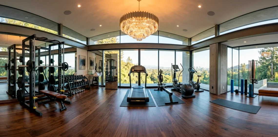 Luxurious home gym featuring an opulent crystal chandelier over sleek fitness equipment