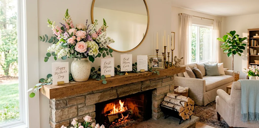 Beautifully styled modern fireplace mantel featuring Mother's Day greeting cards, spring flowers, and brass candle holders.