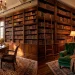Large home library perfectly zoned into a dark wood desk workspace and a plush velvet reading nook