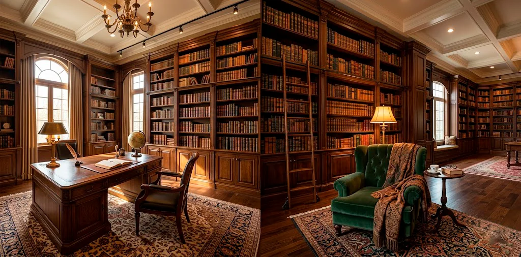 Large home library perfectly zoned into a dark wood desk workspace and a plush velvet reading nook