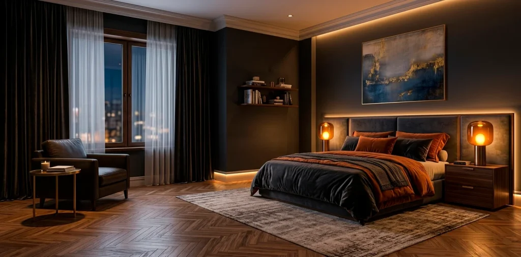 Wide view of a perfectly lit moody bedroom featuring dark charcoal walls, warm amber bedside lamps, and cozy velvet bedding.