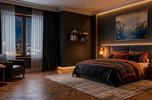 Wide view of a perfectly lit moody bedroom featuring dark charcoal walls, warm amber bedside lamps, and cozy velvet bedding.