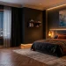 Wide view of a perfectly lit moody bedroom featuring dark charcoal walls, warm amber bedside lamps, and cozy velvet bedding.