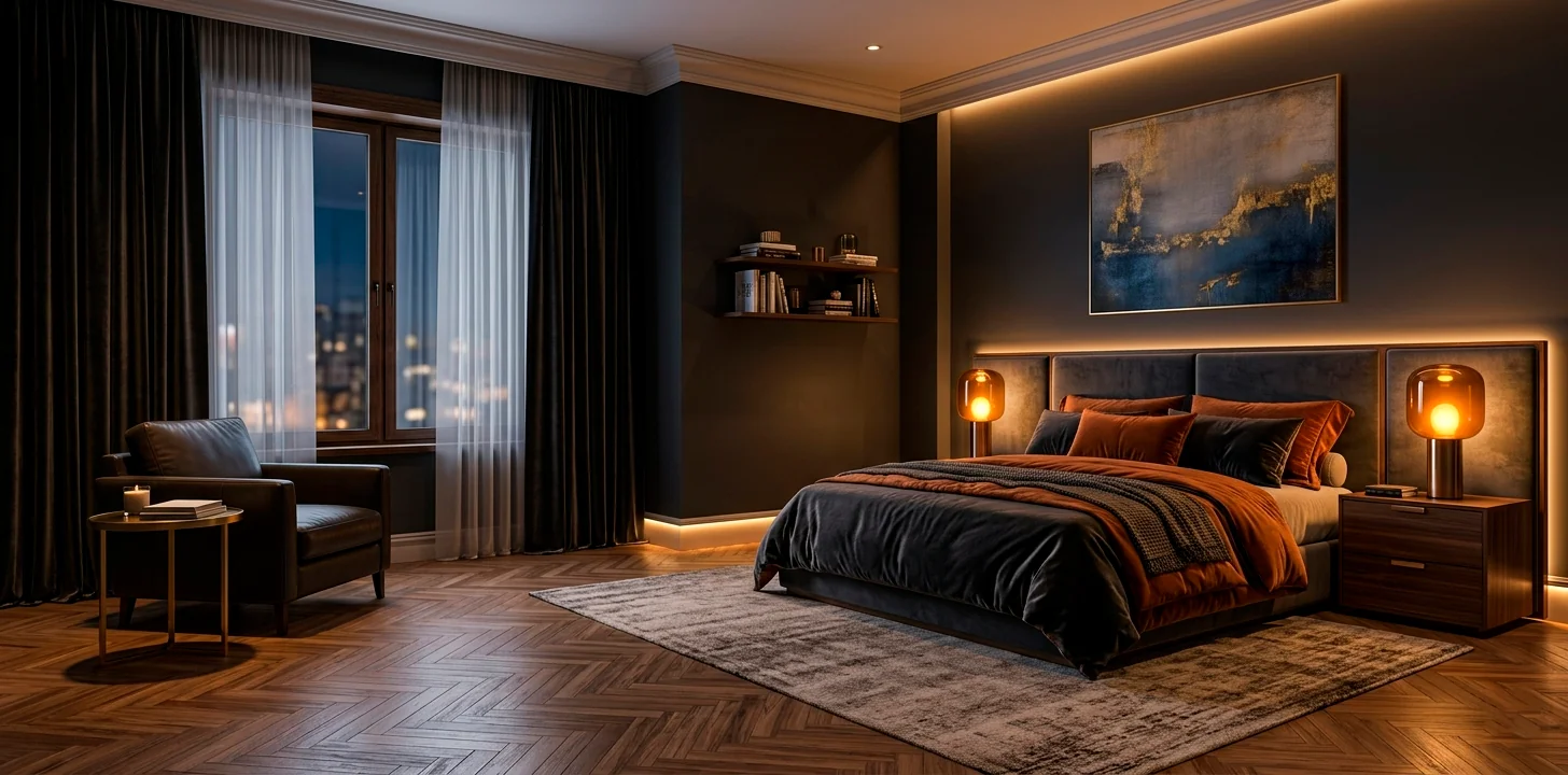 A dark luxury suite with layered warm ambient lighting and soft textiles