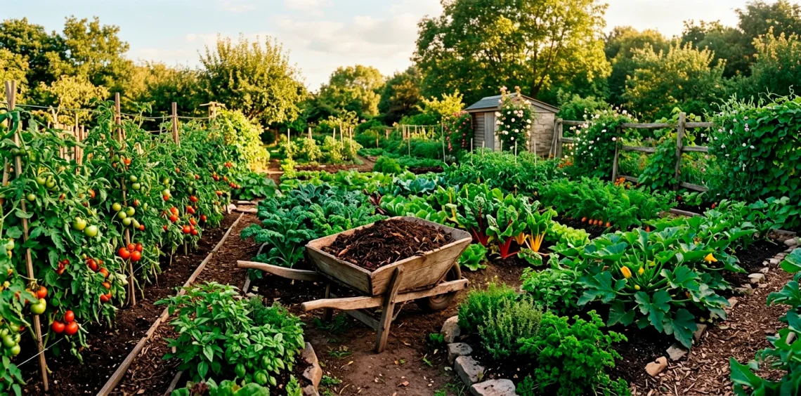 A rustic wheelbarrow filled with rich dark compost surrounded by healthy blooming vegetable plants in a backyard garden.