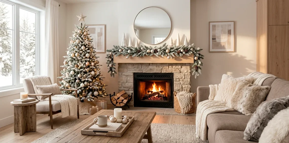 A cozy, neutral-toned living room decorated for the holidays with a taupe sofa, layered ivory blankets, and a frosted pine garland on the mantel.
