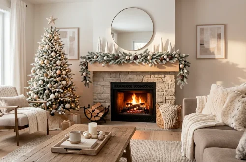 A cozy, neutral-toned living room decorated for the holidays with a taupe sofa, layered ivory blankets, and a frosted pine garland on the mantel.