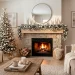 A cozy, neutral-toned living room decorated for the holidays with a taupe sofa, layered ivory blankets, and a frosted pine garland on the mantel.