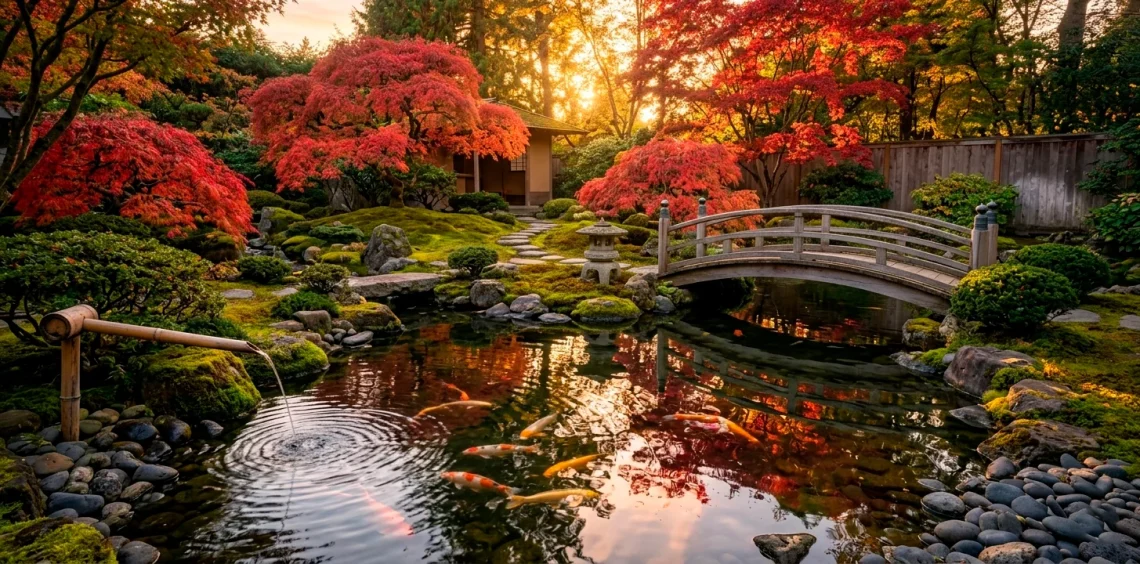 Lush Japanese Zen pond in a backyard featuring a wooden bridge, smooth rocks, and red maple trees at golden hour.