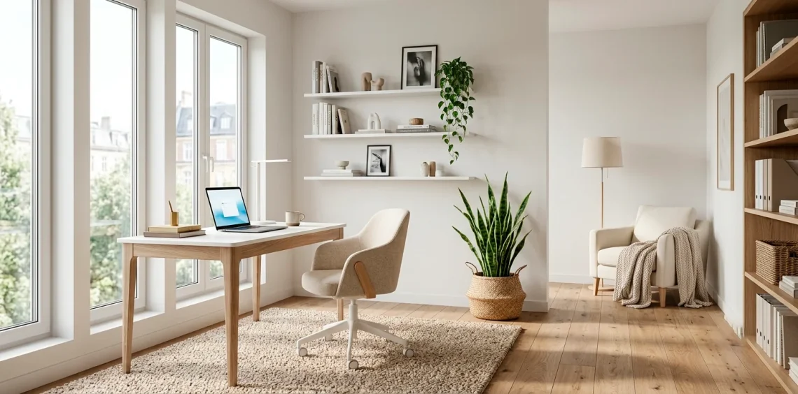Bright and airy Scandi-chic home office with a white desk, warm wood accents, and natural light