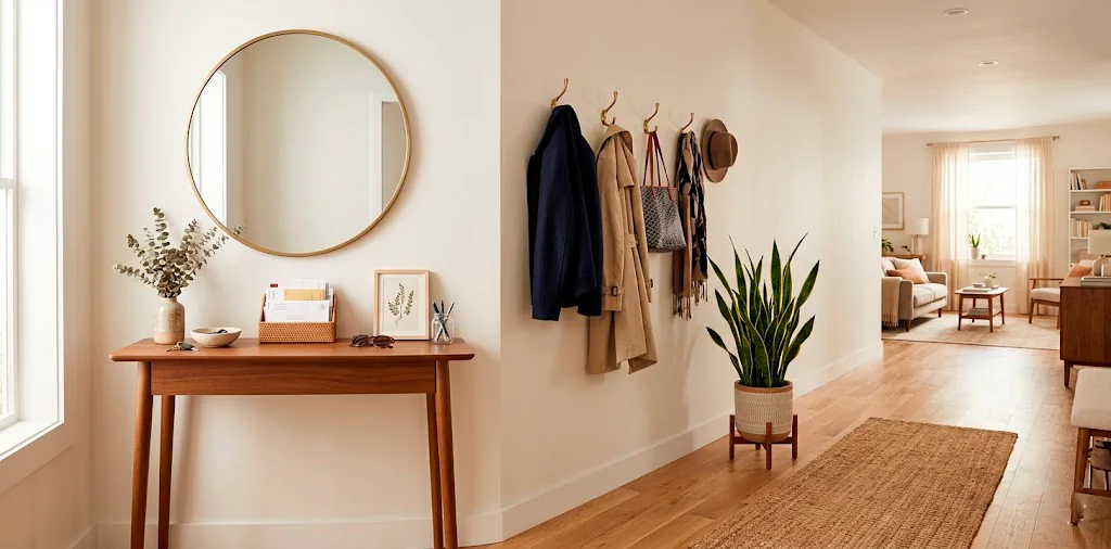 A modern and organized apartment entryway featuring a slim console table, wall hooks, and a round mirror.