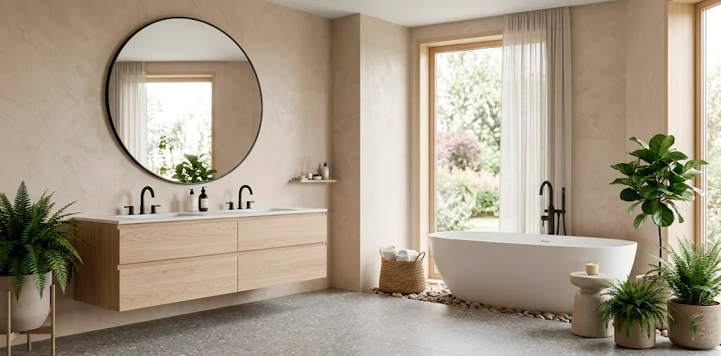 Wide view of a modern Scandinavian bathroom with a floating oak vanity, freestanding tub, and natural sunlight.
