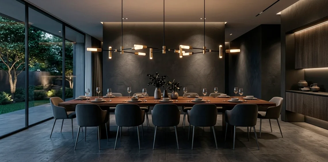 Wide view of a modern dining room featuring a sleek linear suspension statement chandelier over a wooden table