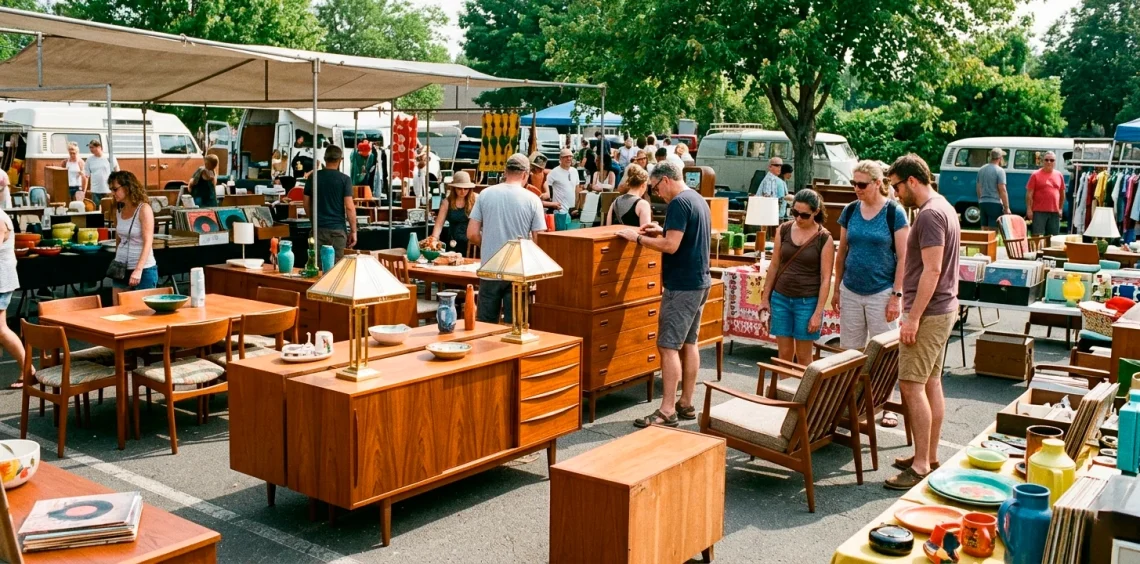 Shoppers browsing authentic Mid-Century Modern and Art Deco antiques at a sunny outdoor flea market.