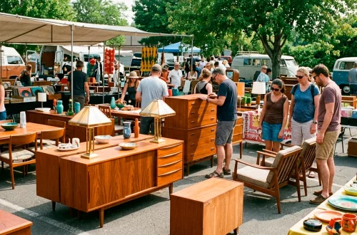 Shoppers browsing authentic Mid-Century Modern and Art Deco antiques at a sunny outdoor flea market.